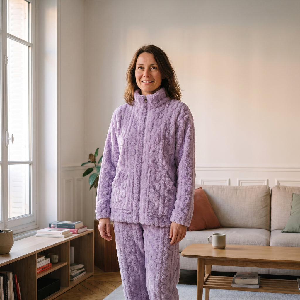 Pyjama polaire femme mauve à relief torsadé porté dans un salon
