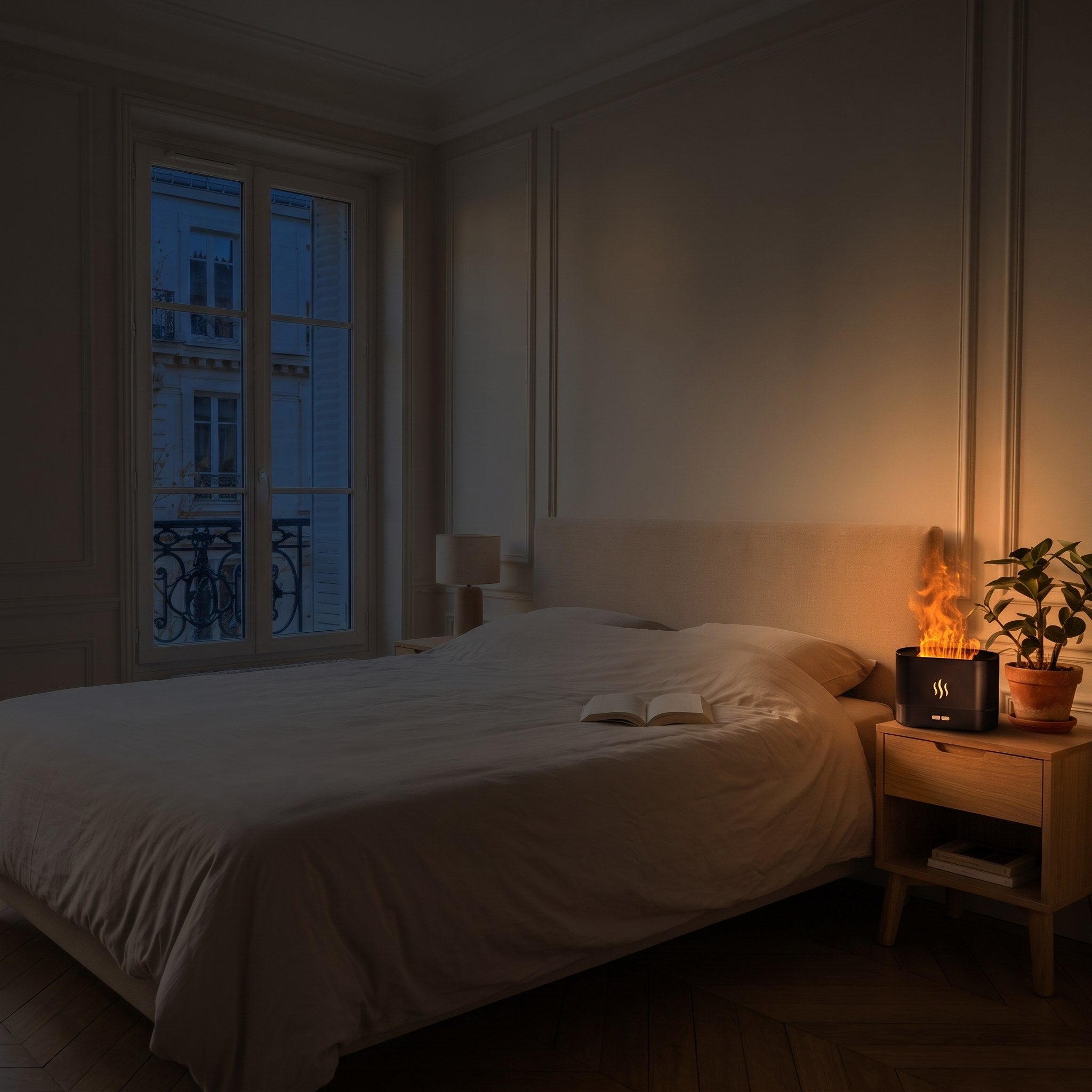 Le diffuseur allumé sur la table de chevet, la chambre dans la pénombre du soir Image