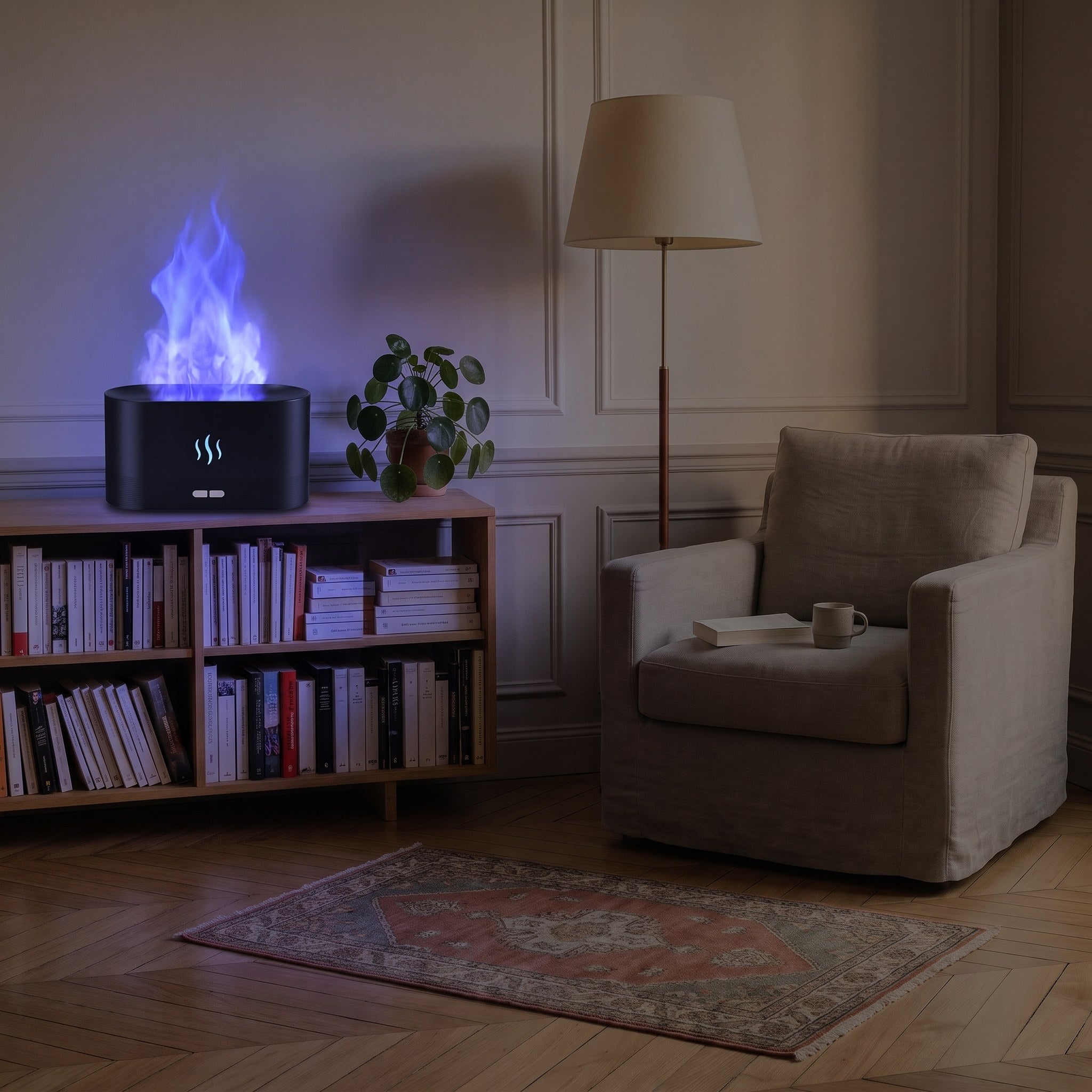 Le diffuseur posé sur une bibliothèque, sa flamme réglée sur un bleu violet Image