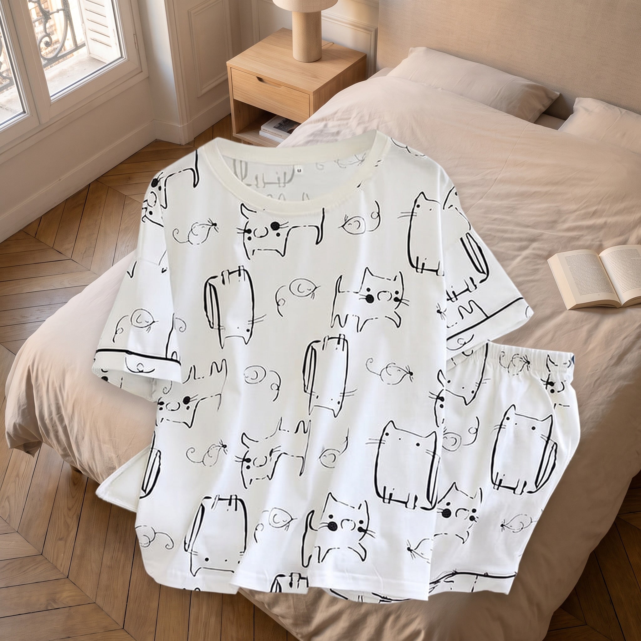 Haut et short du pyjama femme dépliés à plat, imprimé chats entier Image
