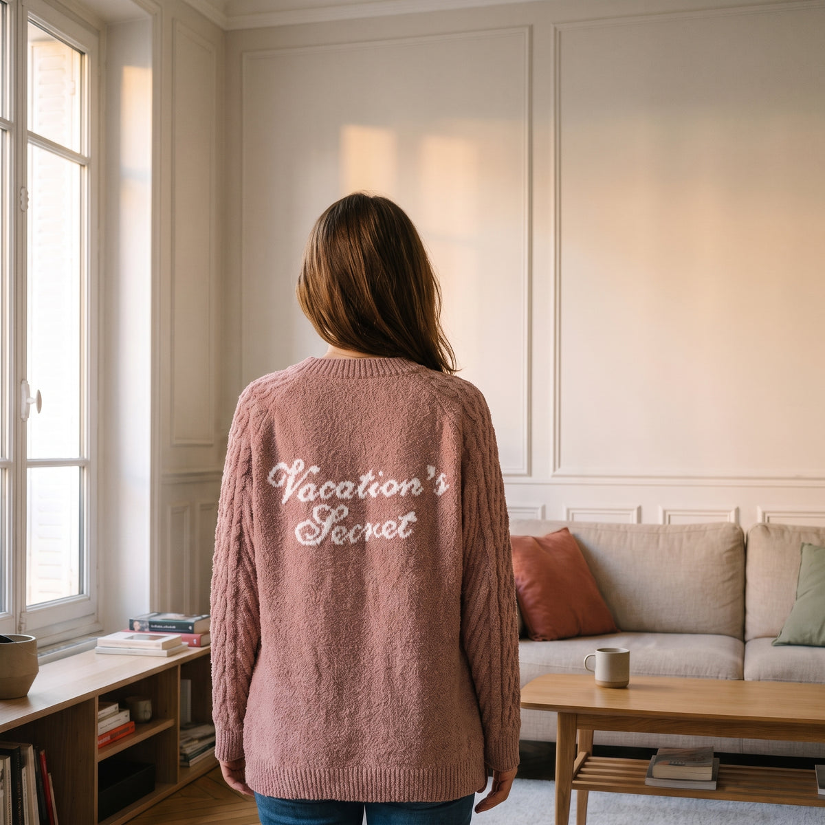 Dos du pyjama polaire femme vieux rose et son lettrage tricoté en cursives Image
