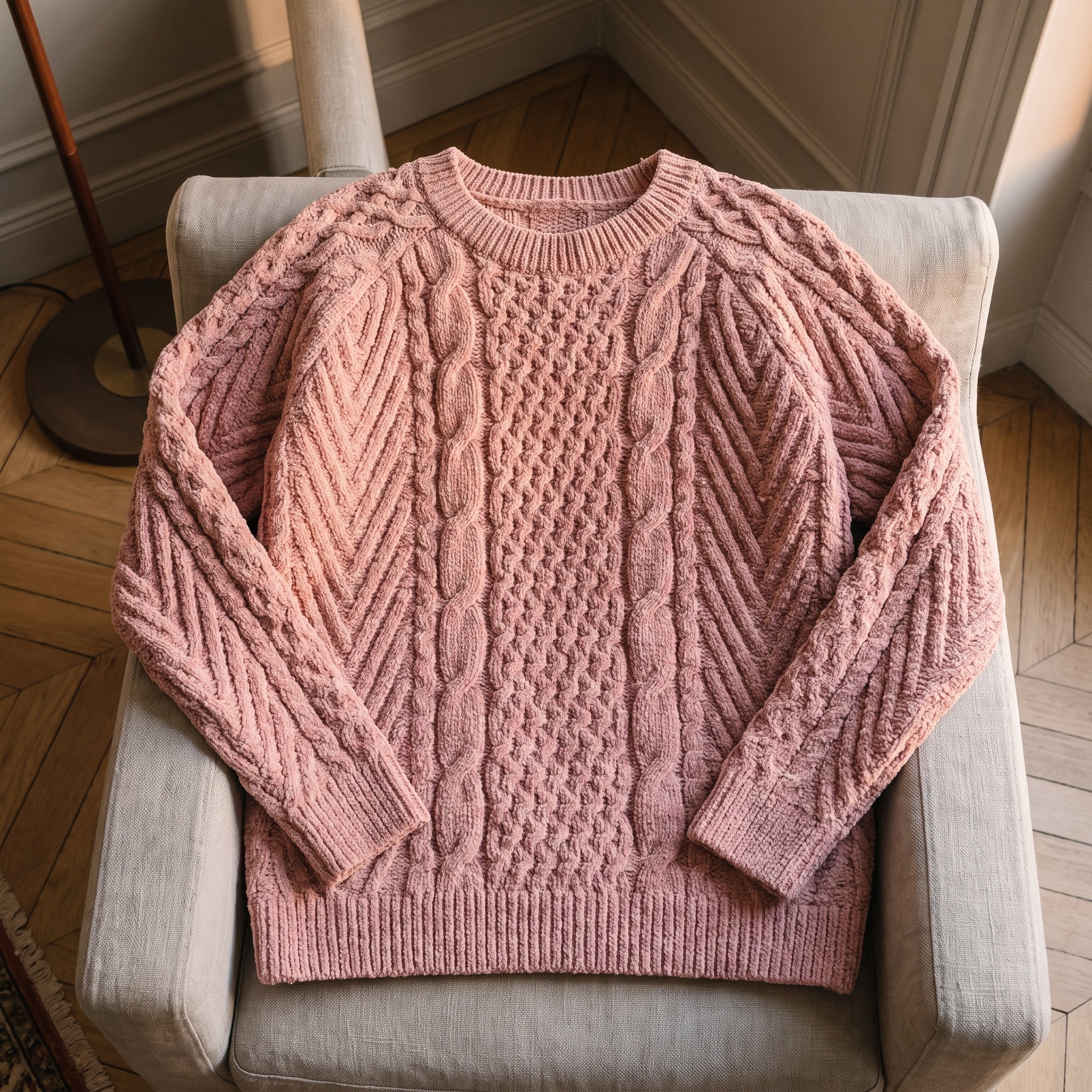 Devant du pyjama polaire femme vieux rose, nid d'abeille et chevrons tricotés Image