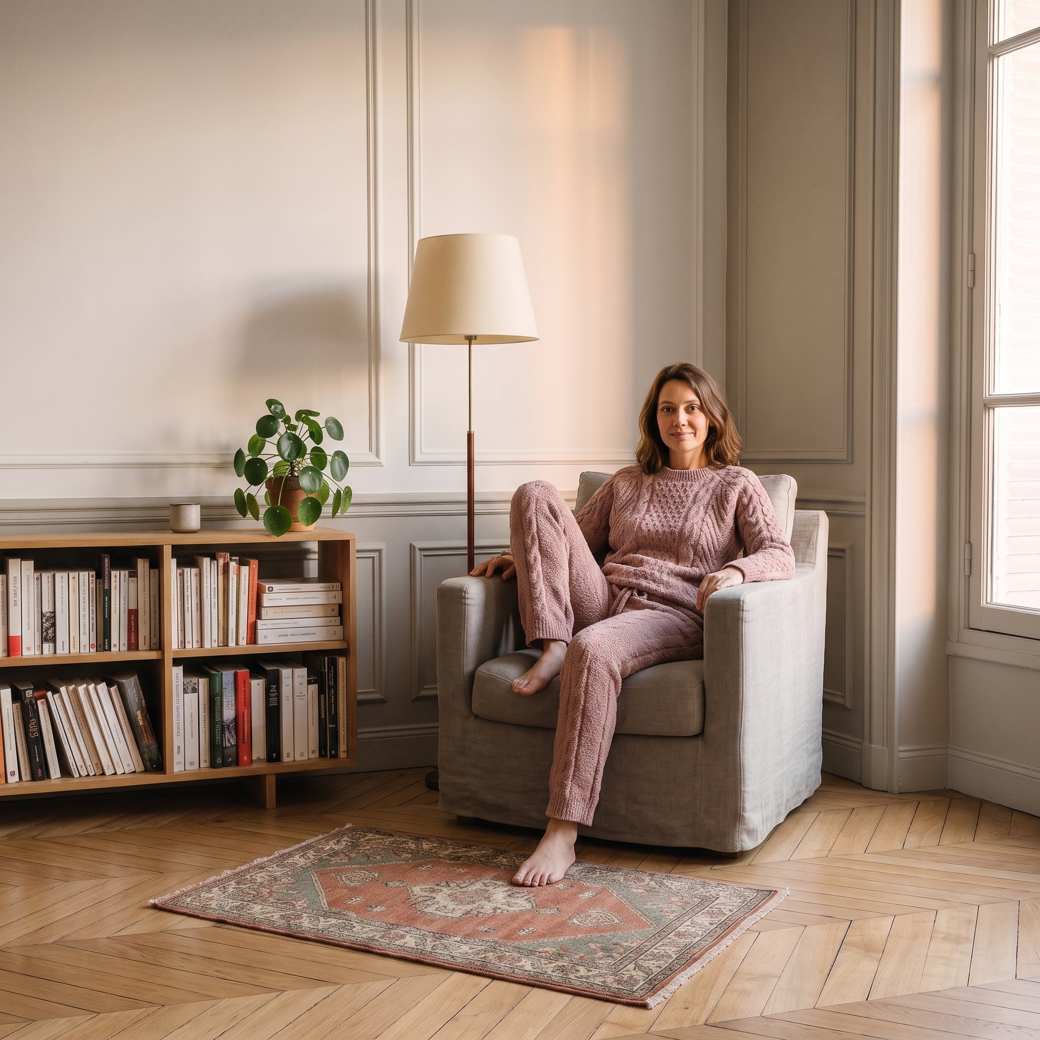 Femme installée dans un fauteuil en pyjama polaire vieux rose deux pièces Image