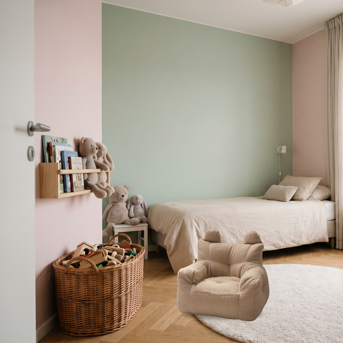 Fauteuil enfant beige vu dans une chambre avec lit, tapis et panier de jouets pour donner l’échelle