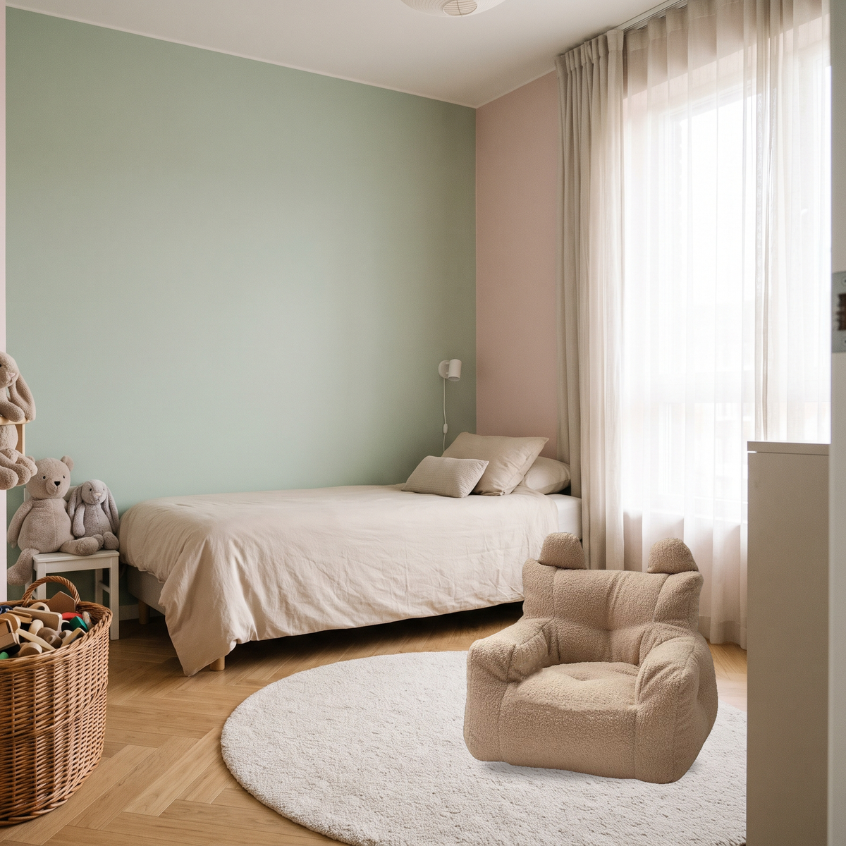 Fauteuil enfant beige installé sur le tapis d’une chambre lumineuse près du lit