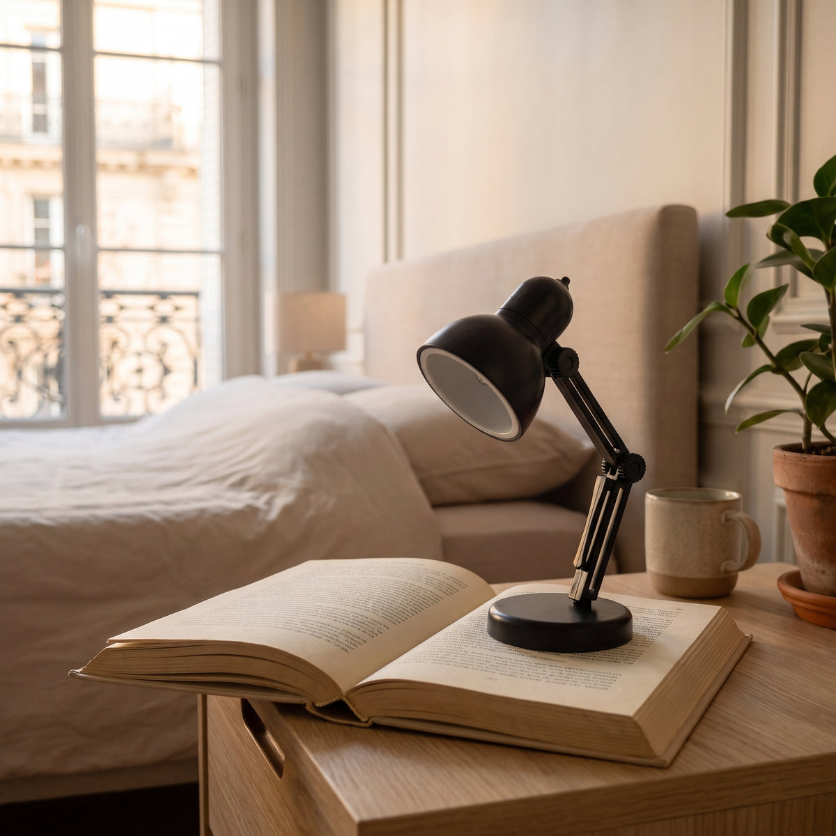 Mini lampe de lecture noire posée sur la page d un grand livre ouvert, sa petite taille face au livre