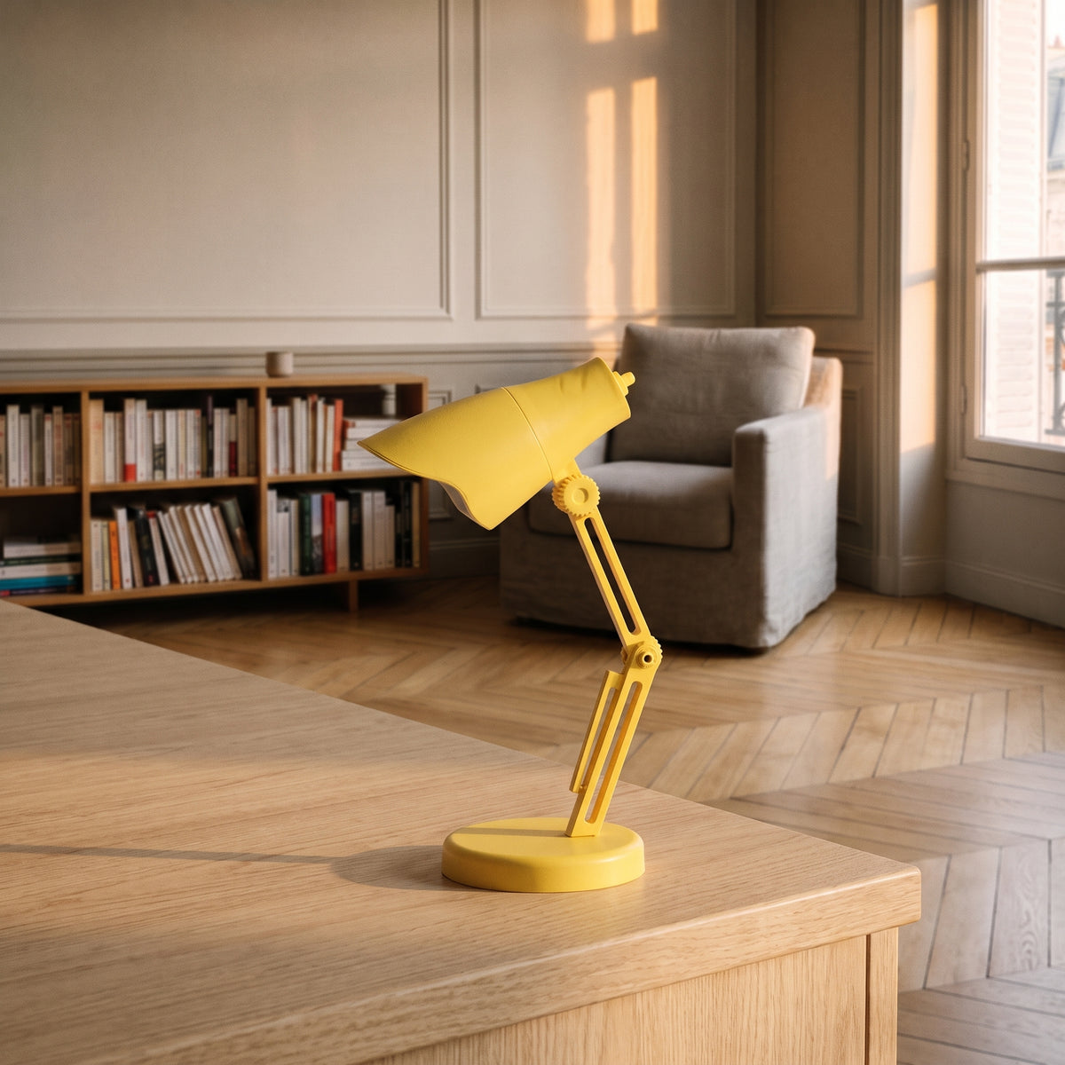 Mini lampe de lecture jaune à abat-jour facetté posée sur un plan de travail en bois clair, vue de trois quarts