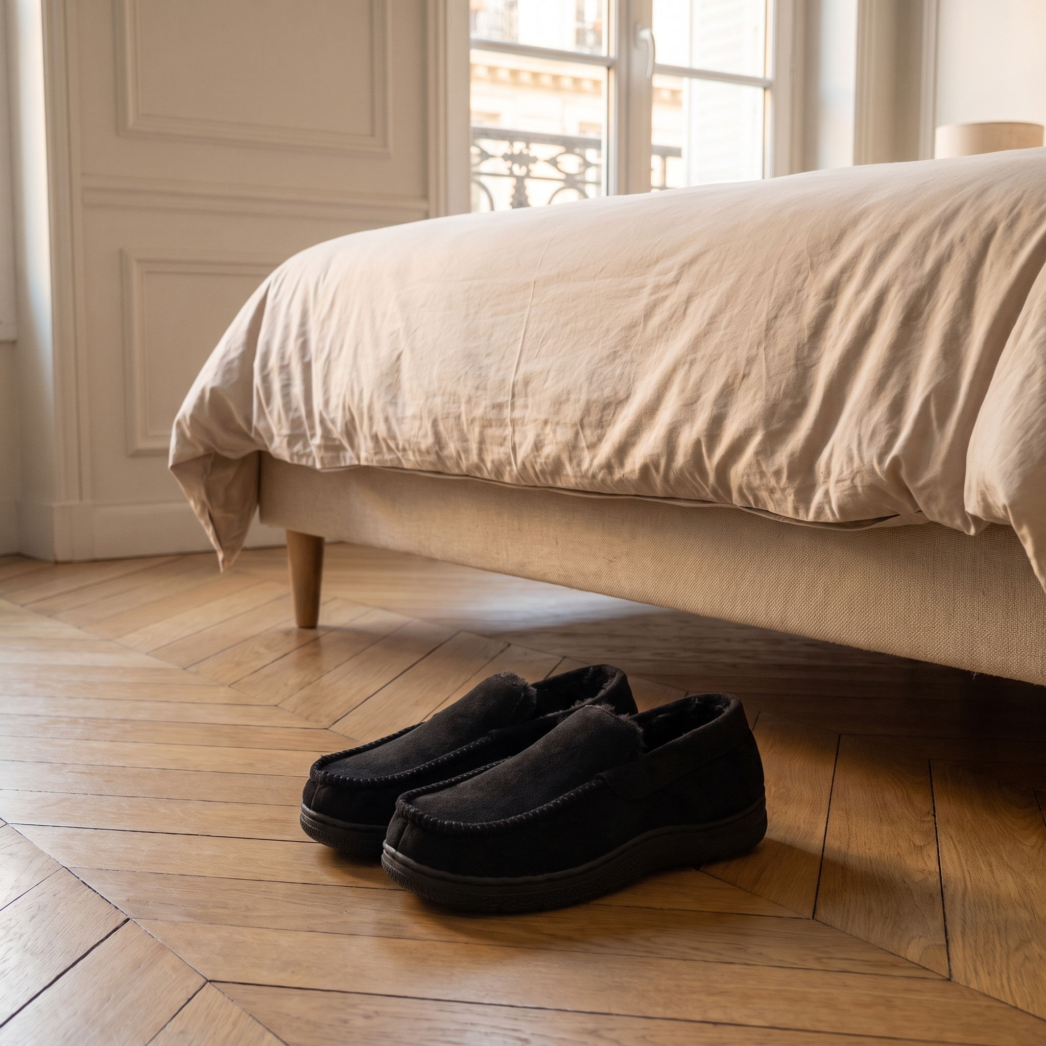 Mocassins chaussons homme noirs posés près du lit Image