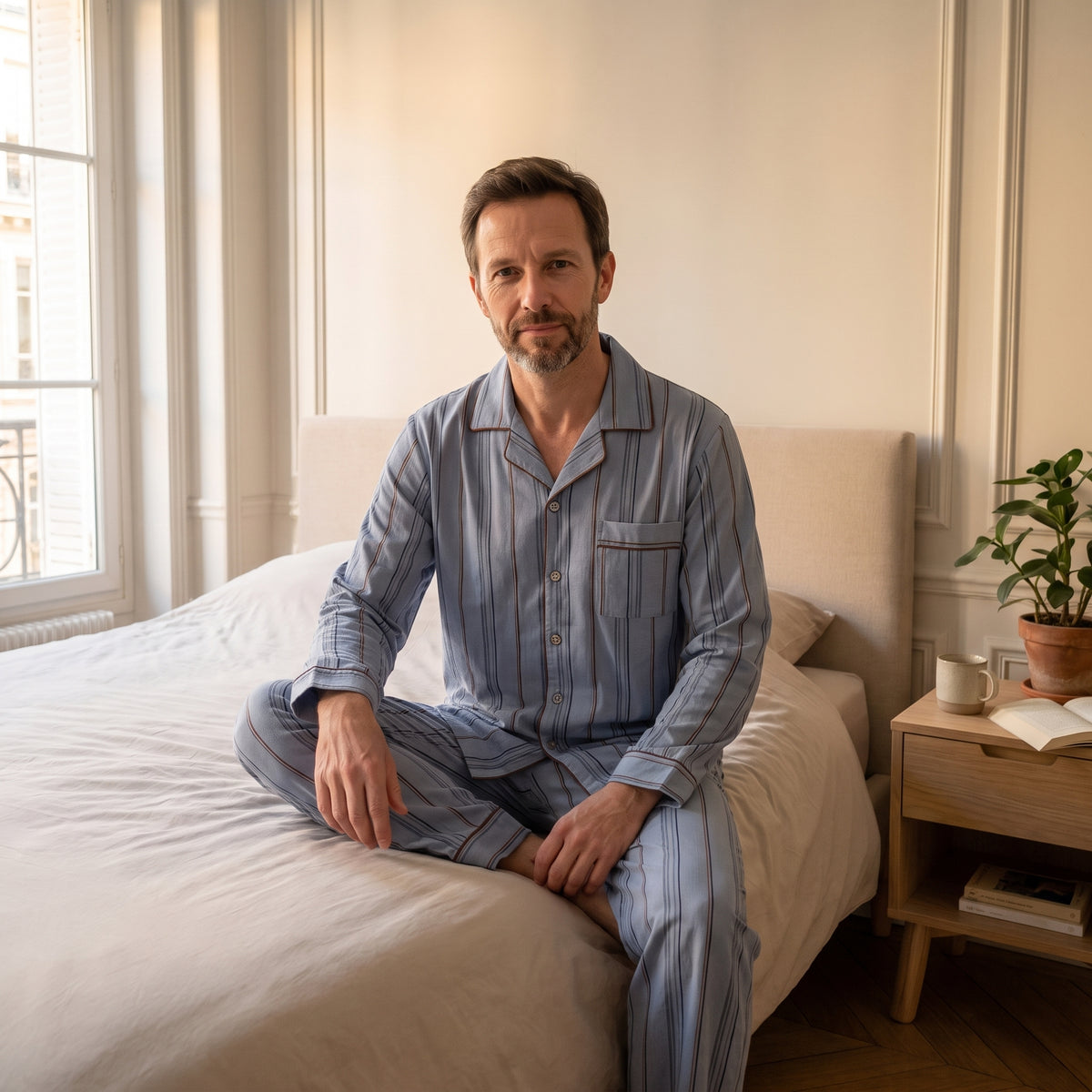 Homme portant le pyjama bleu rayé boutonné dans une chambre lumineuse
