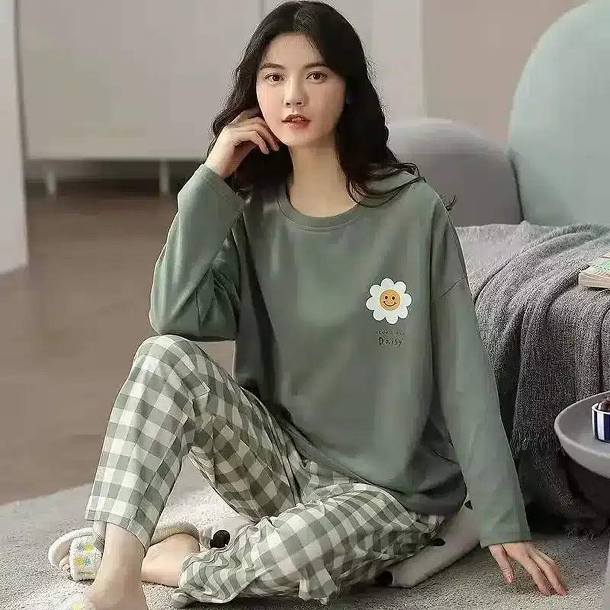 Pyjama en coton, vert sauge à carreaux