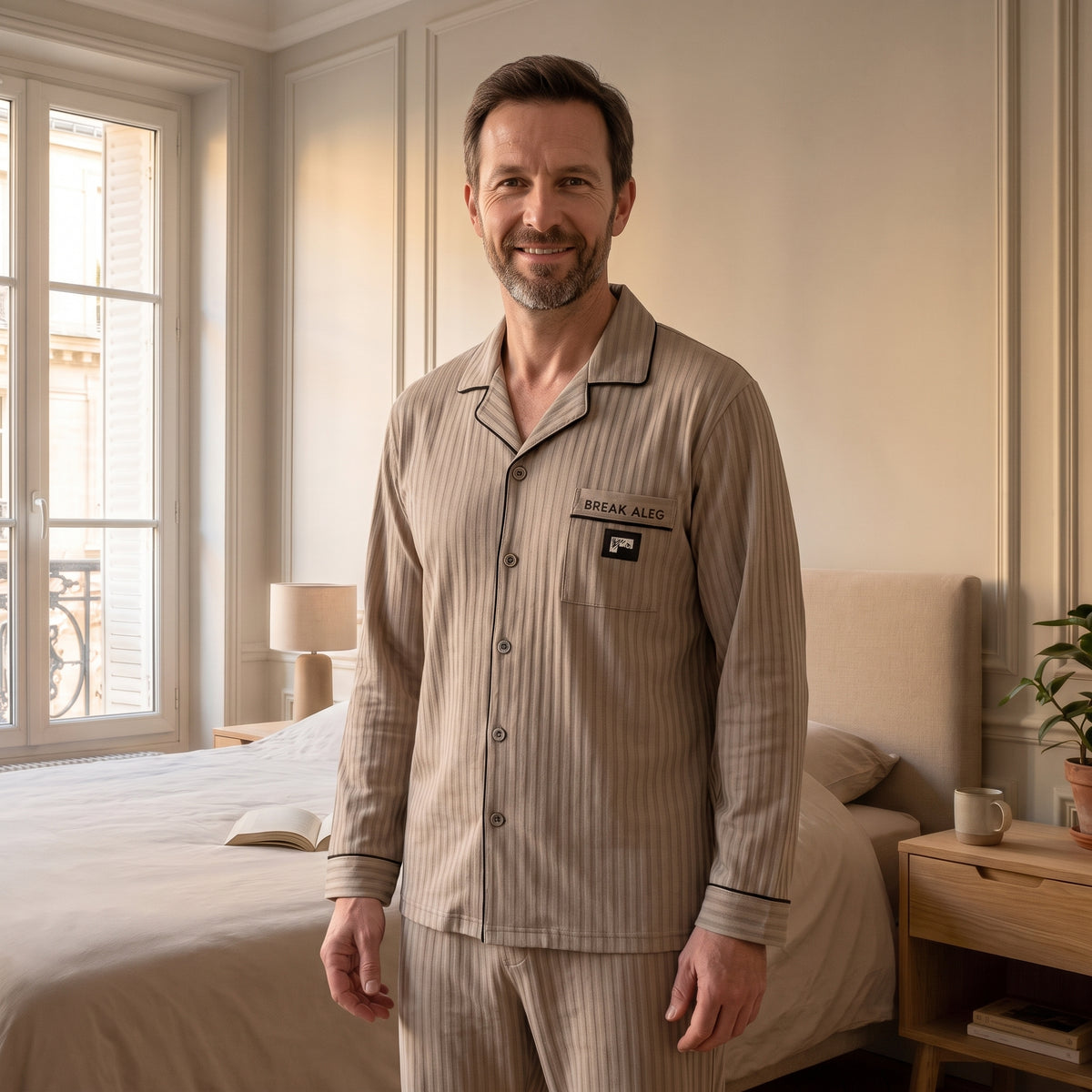 Homme portant le pyjama taupe avec écusson dans une chambre lumineuse