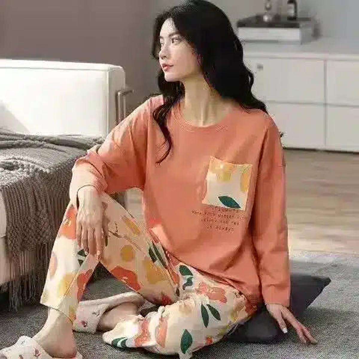 Pyjama en coton, terracotta à fleurs