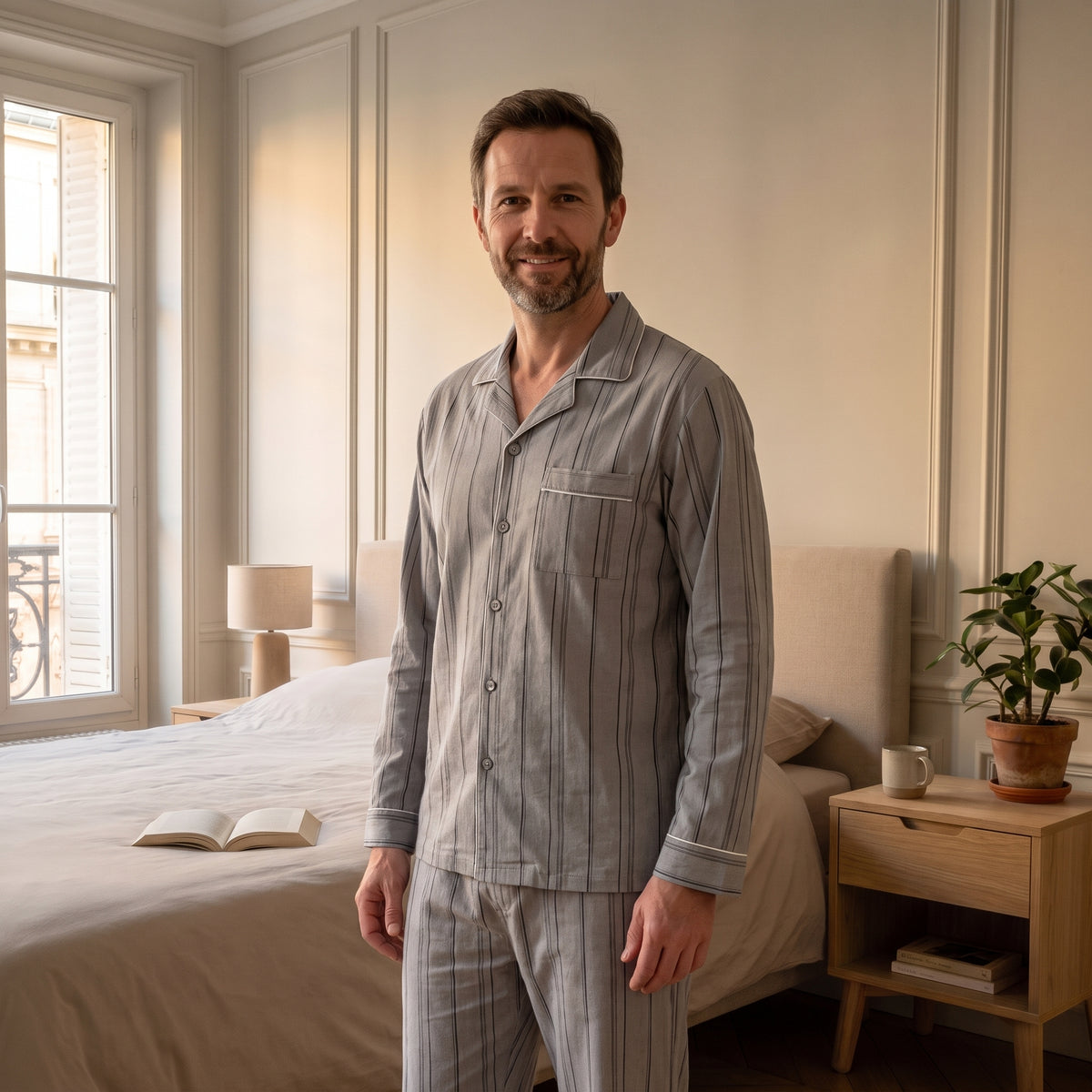 Homme portant le pyjama gris rayé boutonné dans une chambre lumineuse
