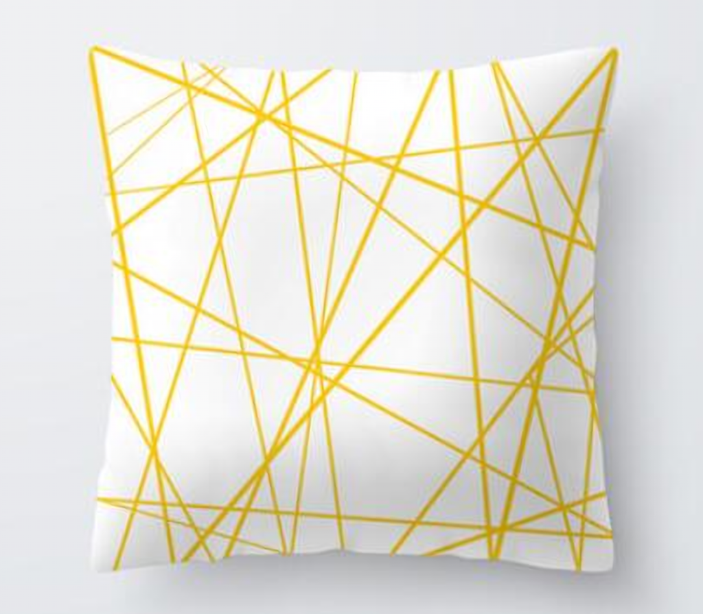 Housse de coussin jaune, motif lignes dorées