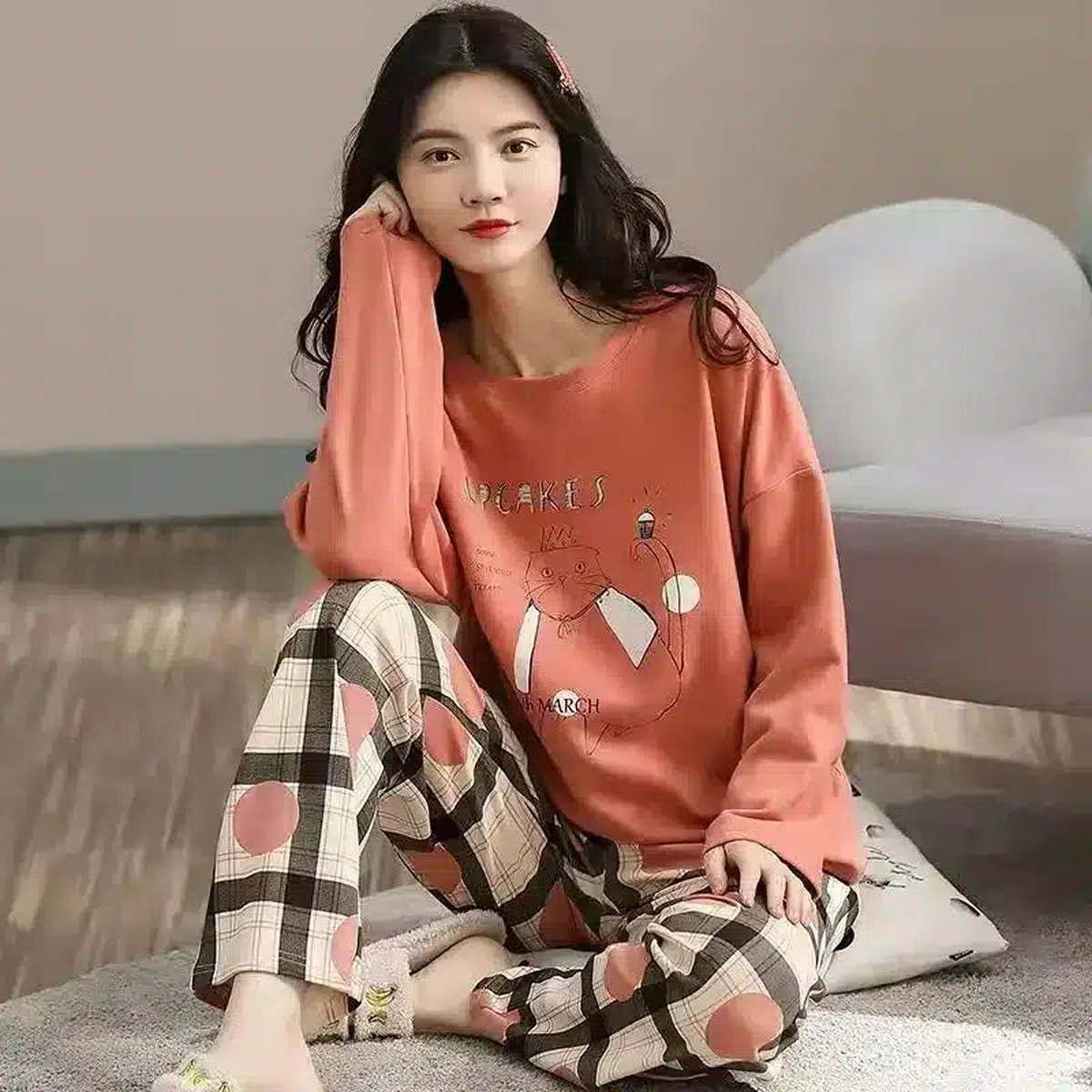 Pyjama en coton, terracotta à carreaux