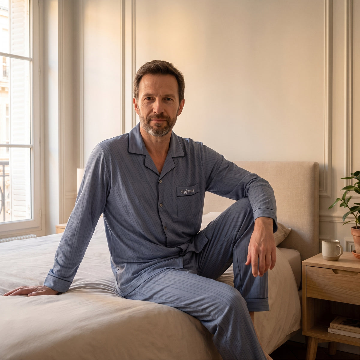 Homme portant le pyjama bleu avec broderie dans une chambre lumineuse