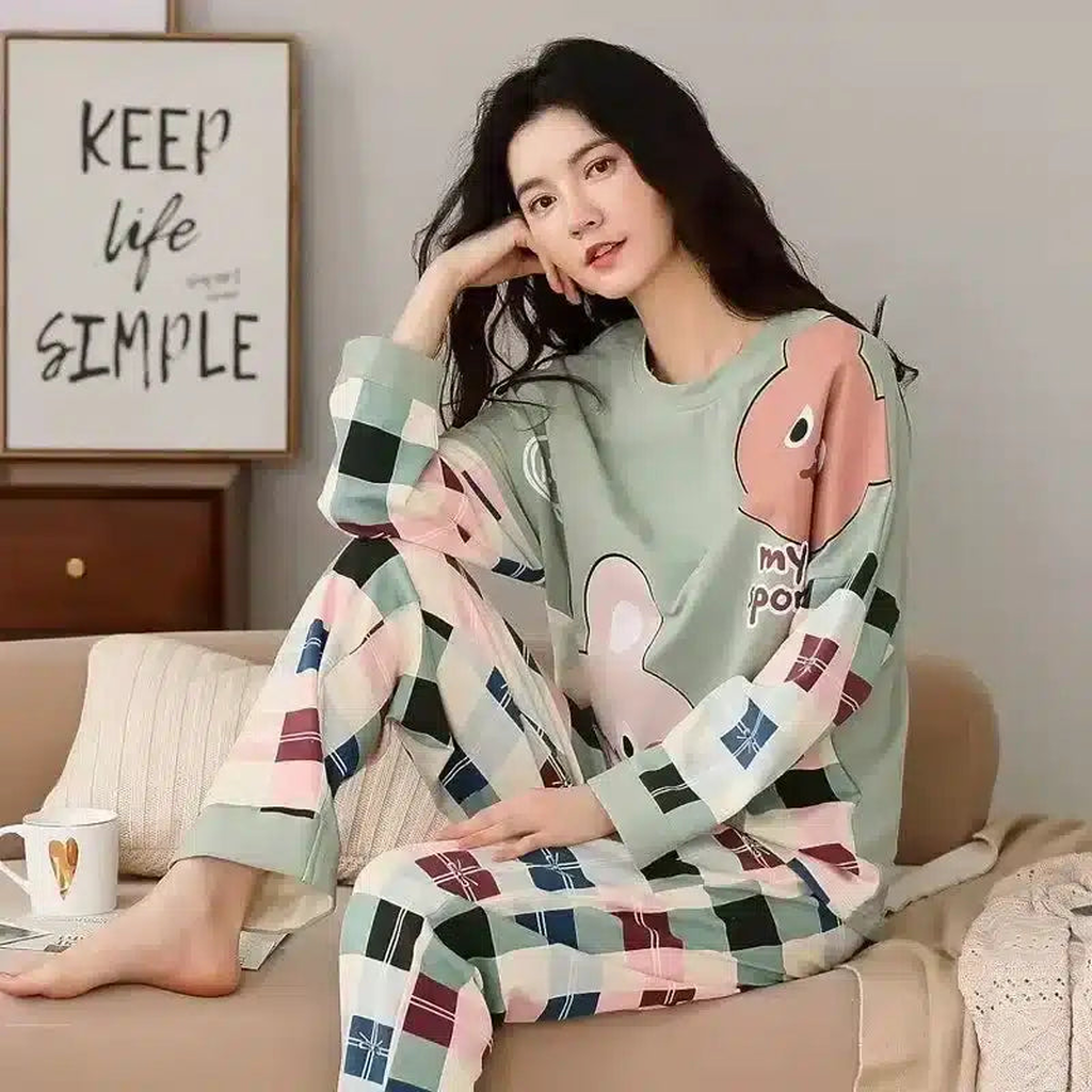 Pyjama en coton, vert d'eau à carreaux colorés