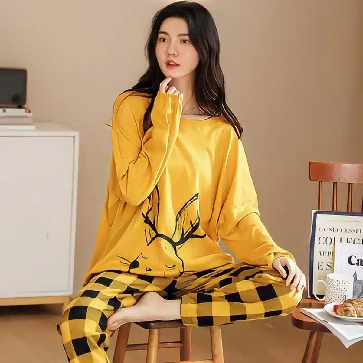 Pyjama en coton, jaune à carreaux
