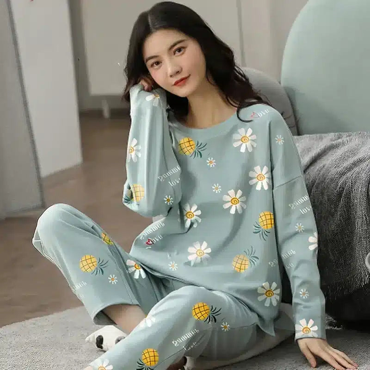 Pyjama en coton, vert d'eau à marguerites