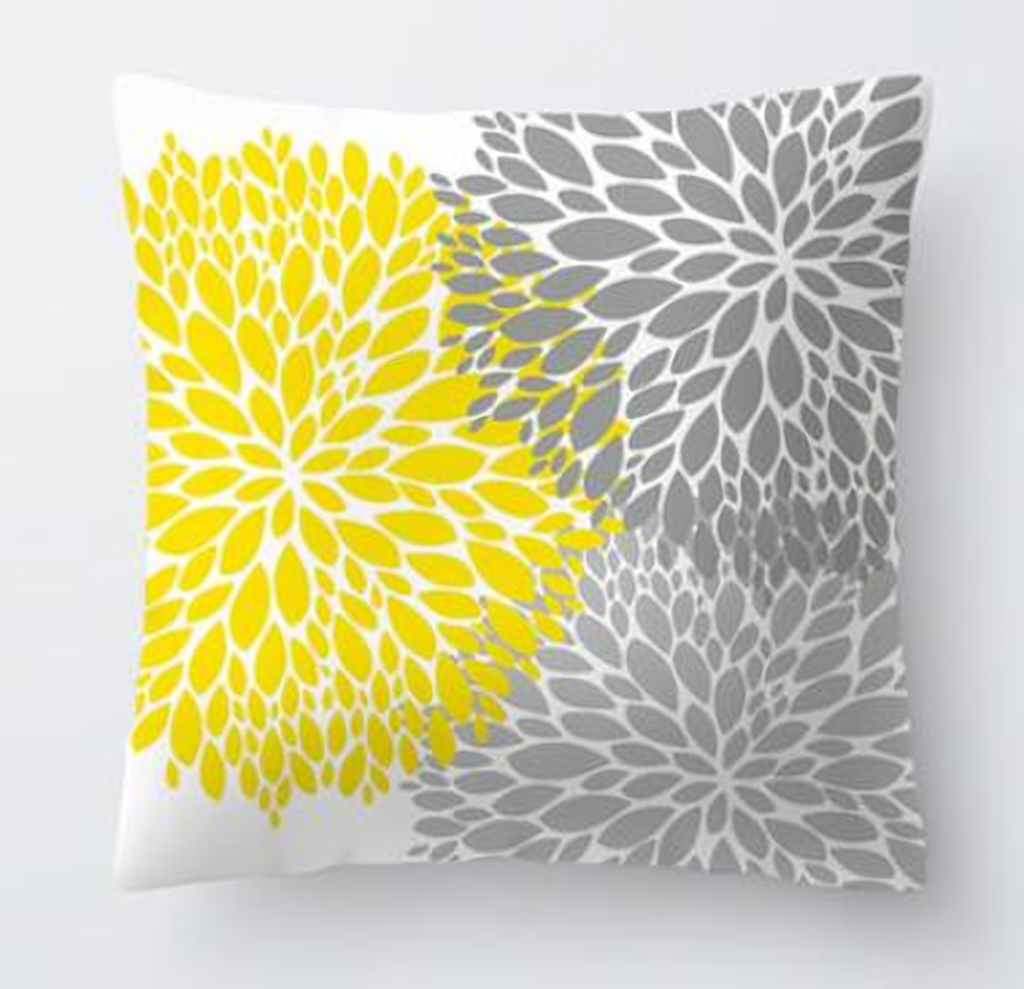 Housse de coussin jaune, motif fleurs rayonnantes