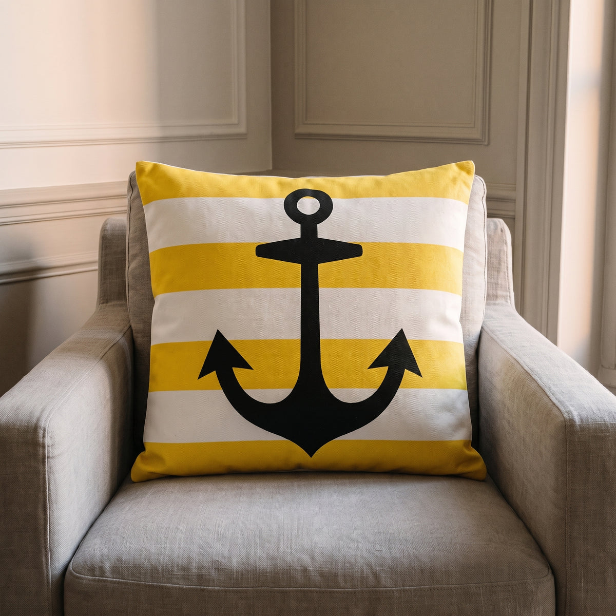 Housse de coussin jaune, modèle Ancre marine