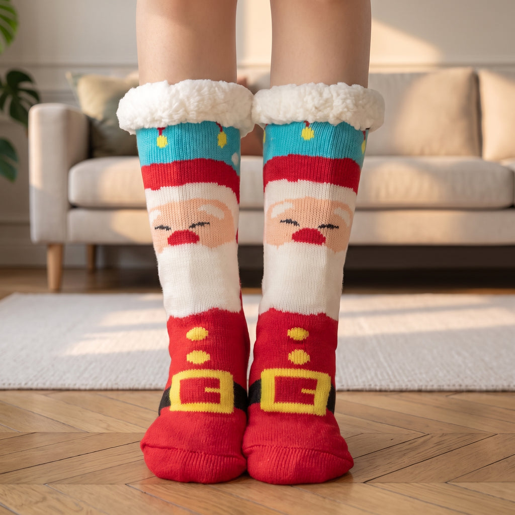 Chaussettes de Noël en habit de Père Noël portées dans un salon