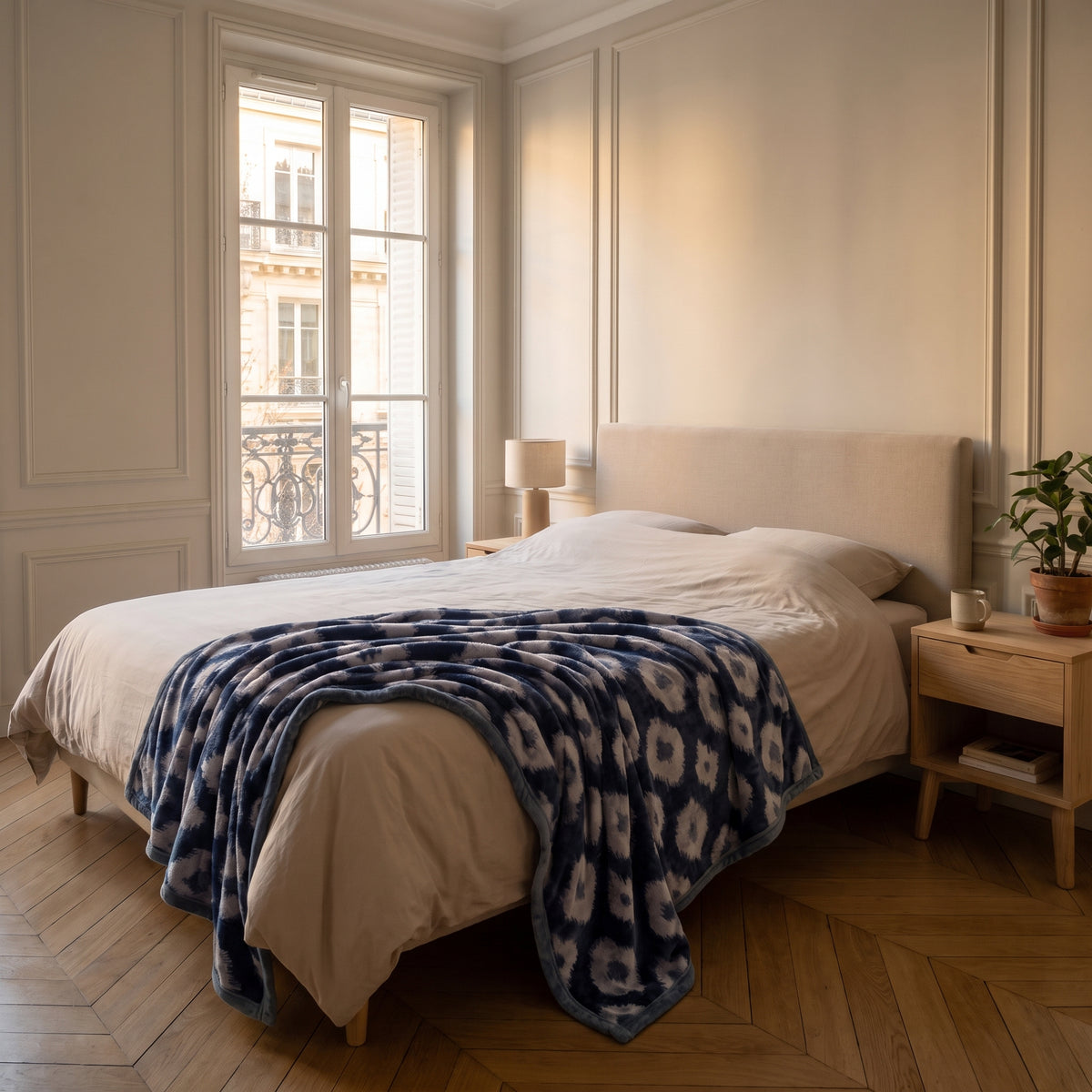Plaid polaire à motifs, modèle Ikat bleu marine, déplié sur un lit deux places