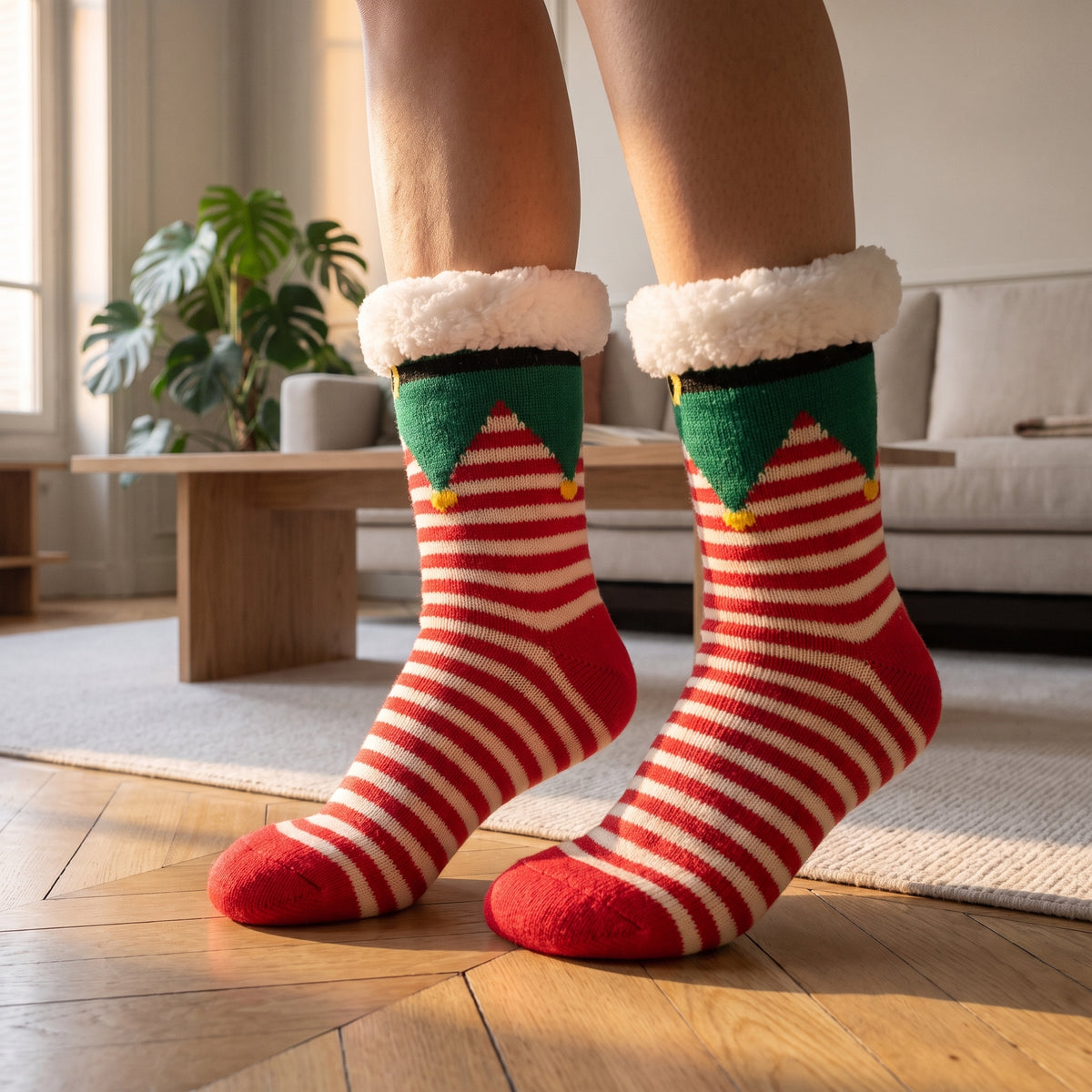 Chaussettes de Noël à lutin rayé portées dans un salon