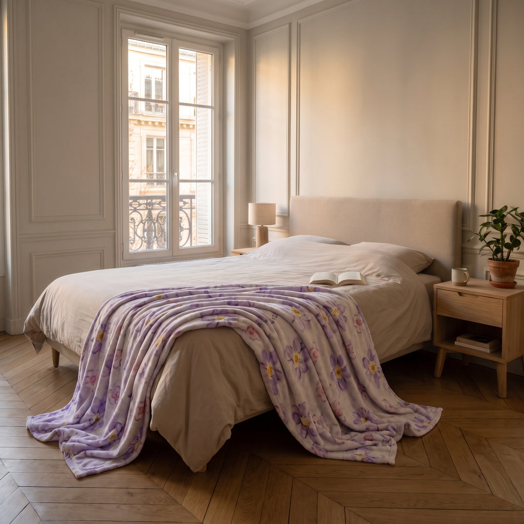 Plaid en peluche, motif Fleurs violettes, déplié sur un lit deux places