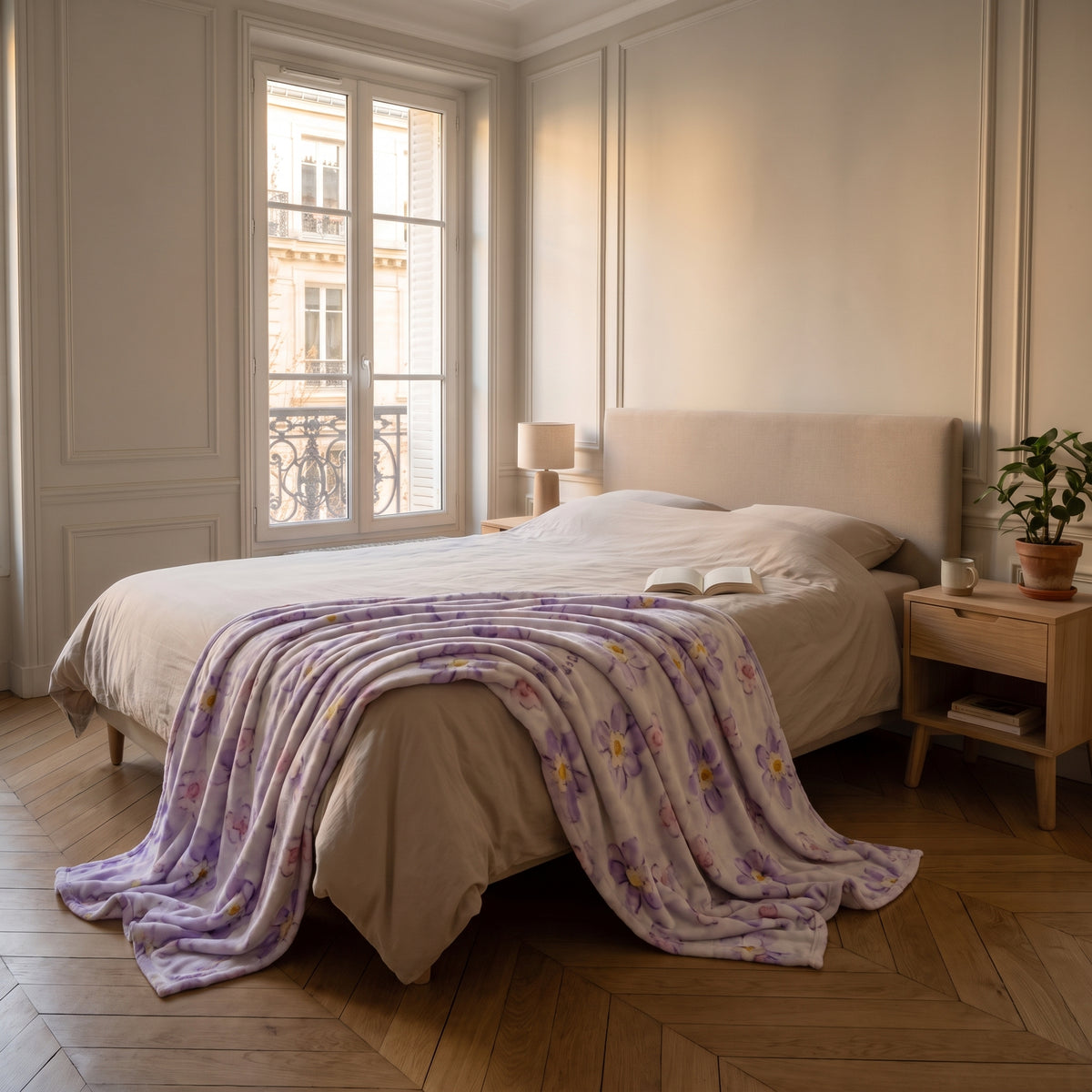 Plaid en peluche, motif Fleurs violettes, déplié sur un lit deux places