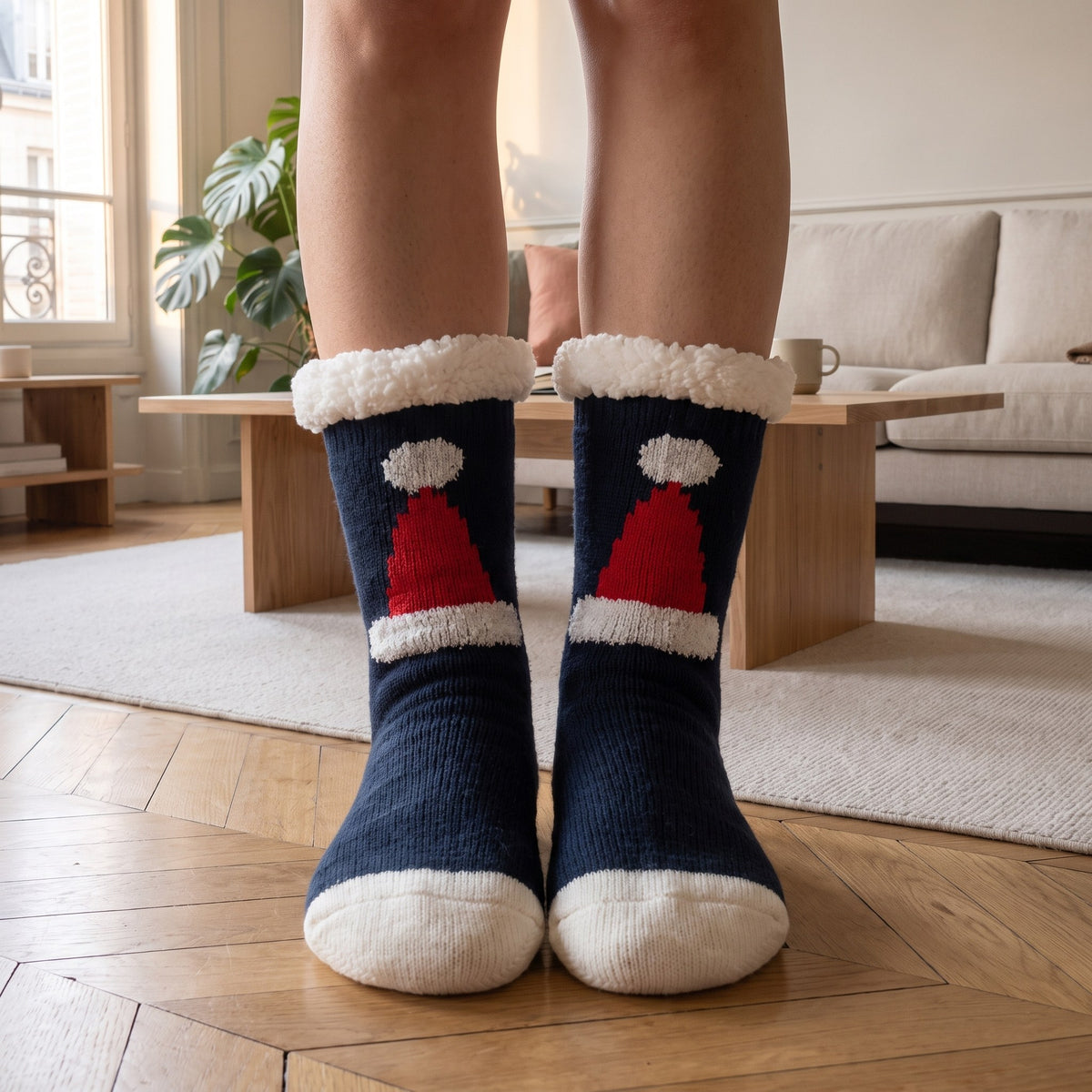 Chaussettes de Noël bleu marine à bonnet de Père Noël portées dans un salon
