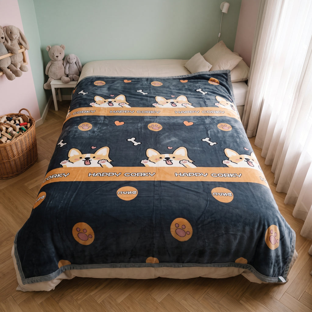 Plaid en peluche, motif Corgis sur bleu marine, déplié sur un lit d'enfant