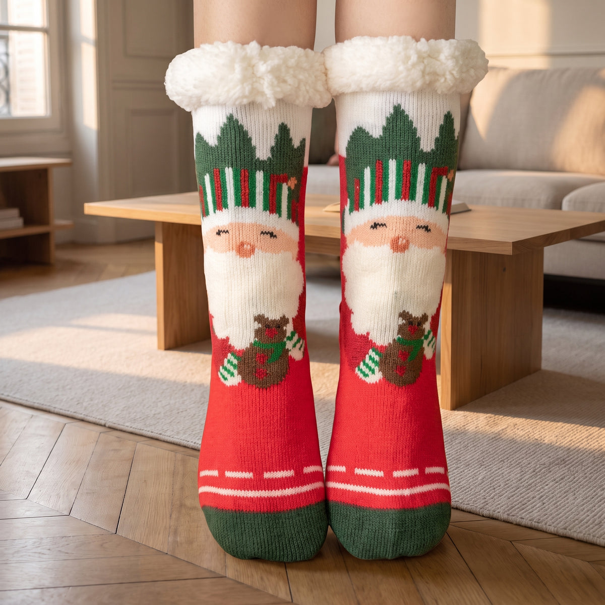 Chaussettes de Noël à Père Noël et son cadeau portées dans un salon