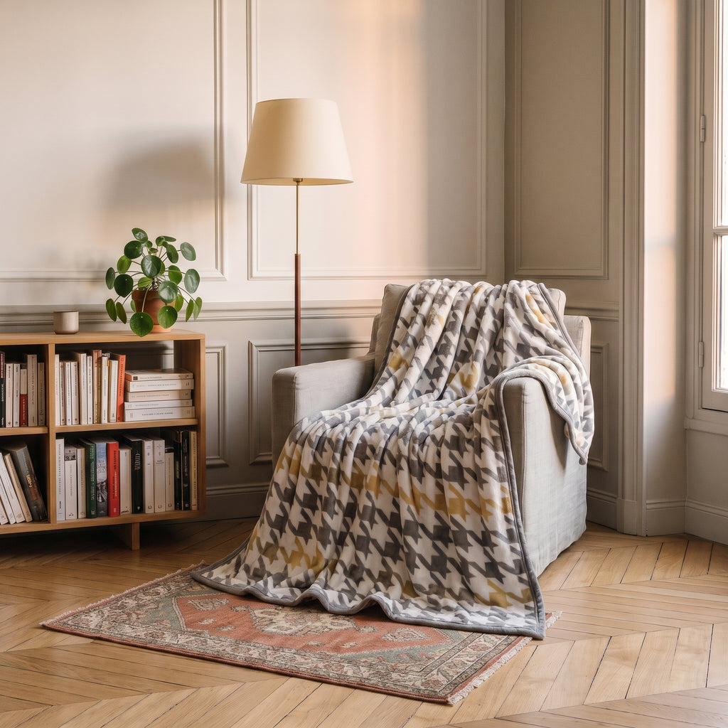 Plaid polaire à motifs, modèle Pied-de-poule gris, posé sur un fauteuil de lecture
