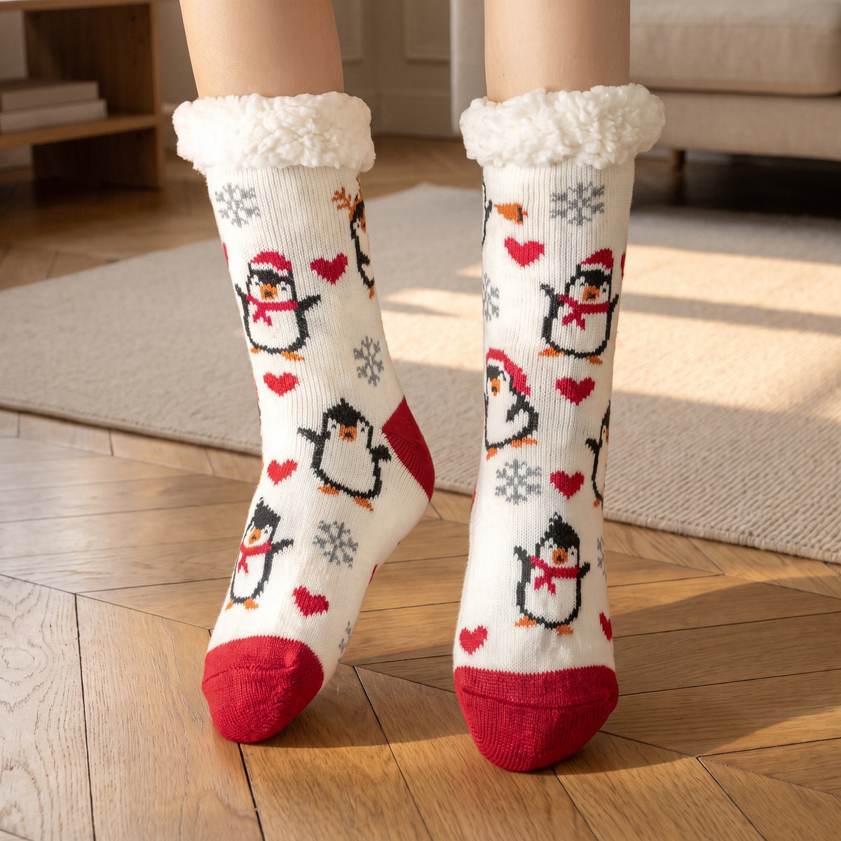 Chaussettes de Noël écrues à pingouins portées dans un salon