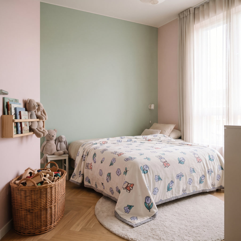 Plaid en peluche, motif Lapins et fleurs sur blanc, déplié sur un lit d'enfant