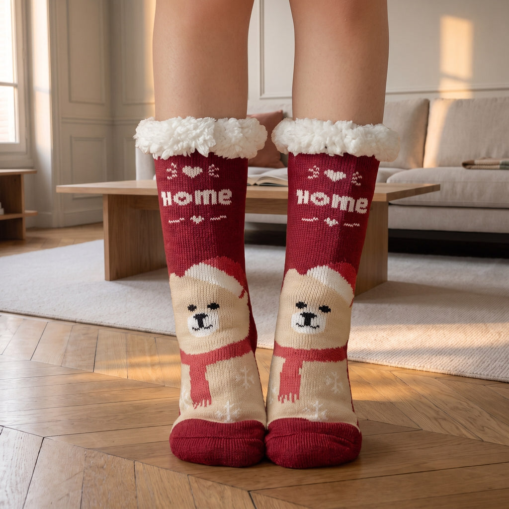 Chaussettes de Noël bordeaux à ourson en écharpe portées dans un salon