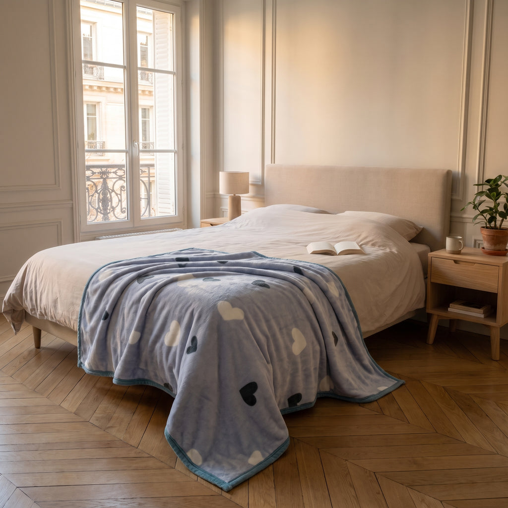 Plaid polaire à motifs, modèle Cœurs bleu ciel, déplié sur un lit deux places