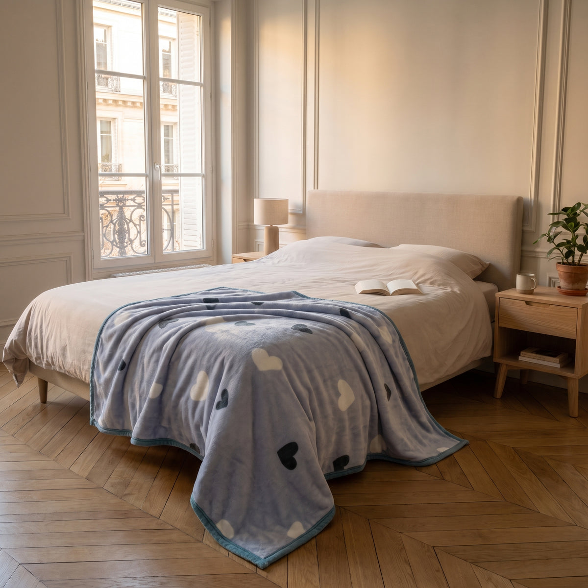 Plaid polaire à motifs, modèle Cœurs bleu ciel, déplié sur un lit deux places