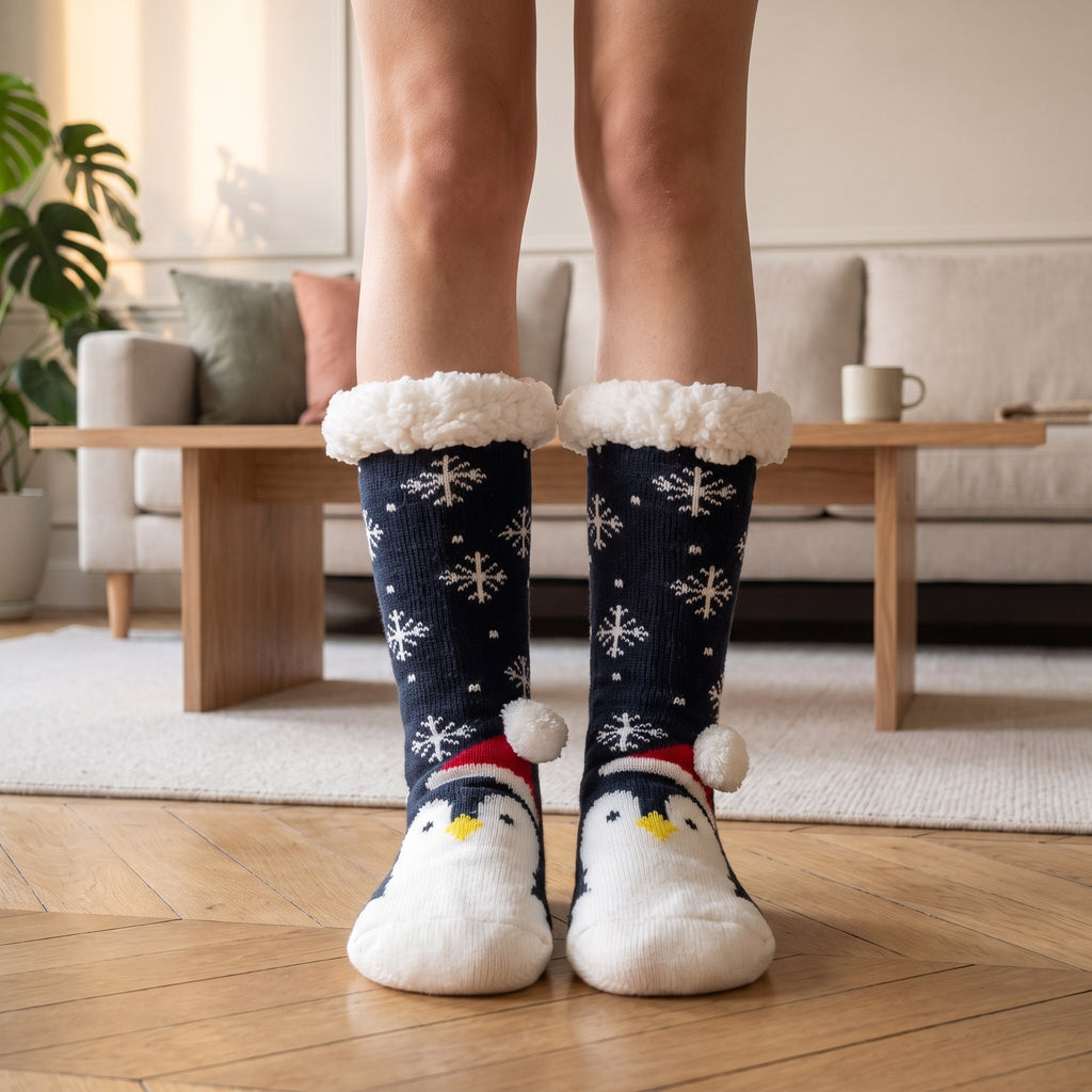 Chaussettes de Noël bleu marine à pingouin portées dans un salon