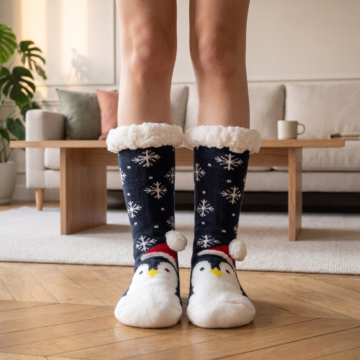 Chaussettes de Noël bleu marine à pingouin portées dans un salon