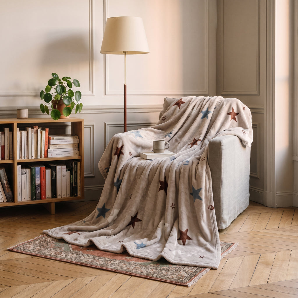 Plaid polaire à motifs, modèle Étoiles beige, portant le mot Smile imprimé, posé sur un fauteuil
