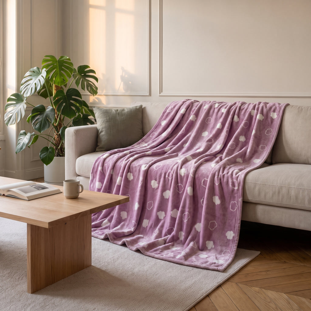 Plaid polaire à motifs, modèle Nuages vieux rose, jeté sur un canapé de salon