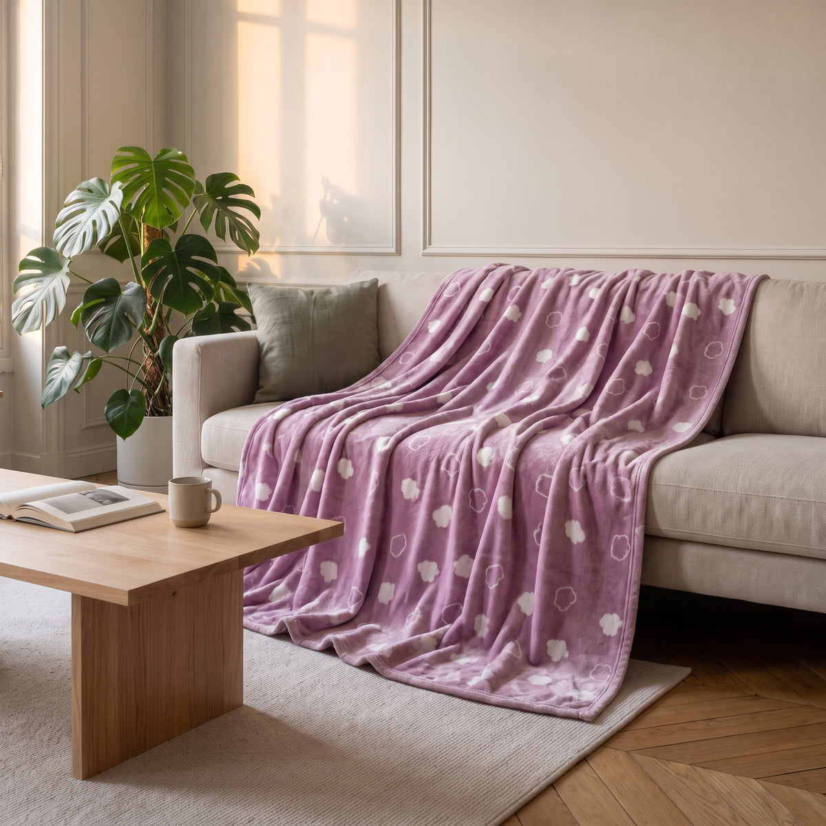 Plaid polaire à motifs, modèle Nuages vieux rose, jeté sur un canapé de salon