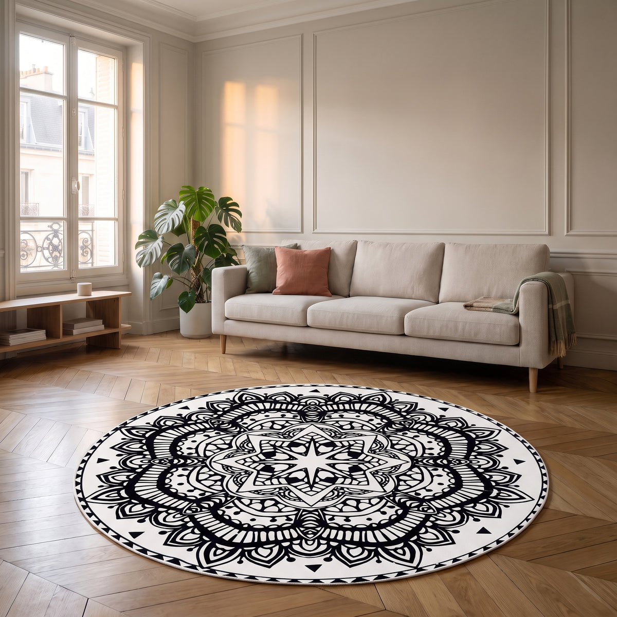 Tapis rond mandala motifs noirs posé devant un canapé dans un salon