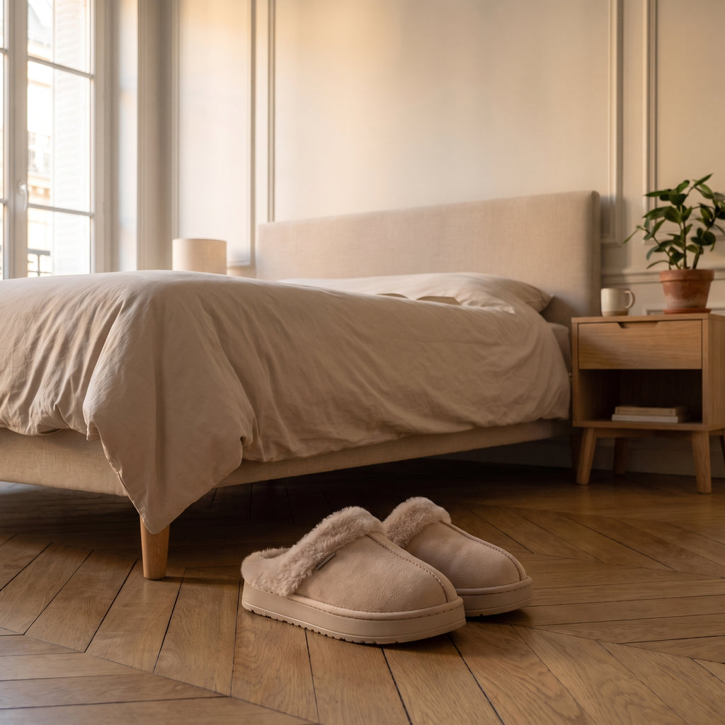 Mules fourrées Beige posées sur le parquet de la chambre