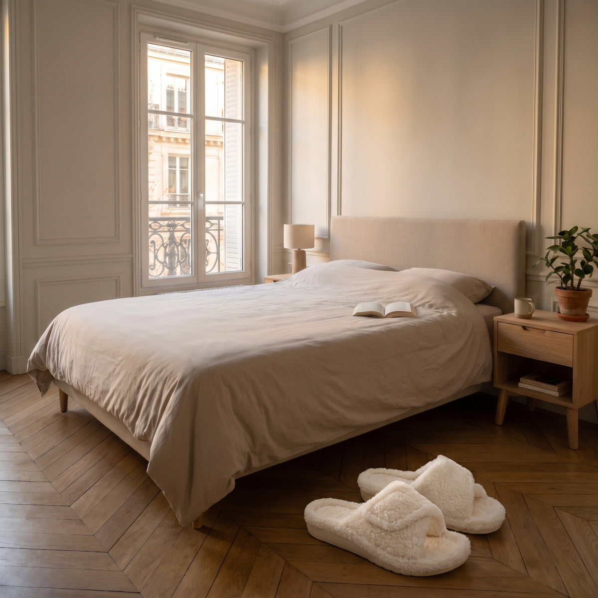 Mules femme blanc à bride réglable dans une chambre