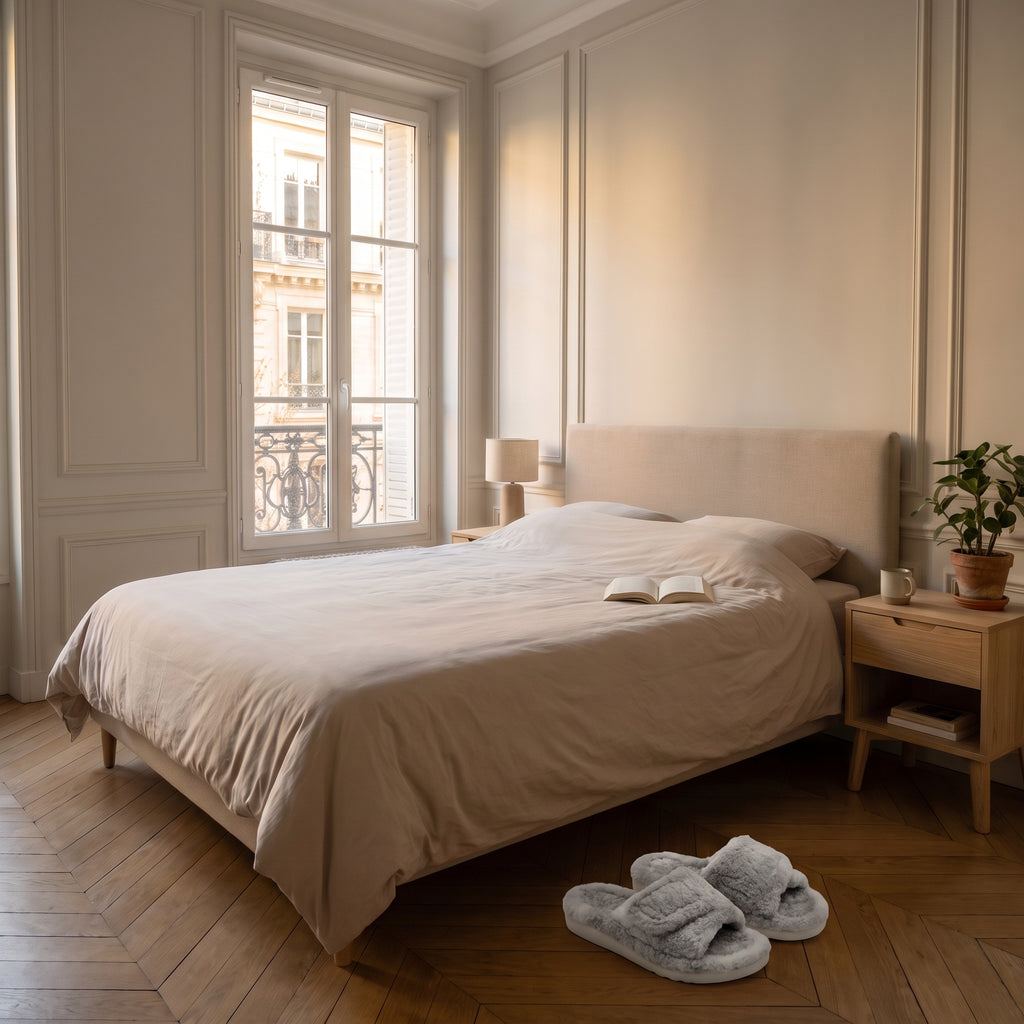 Mules femme gris et blanc à bride réglable dans une chambre