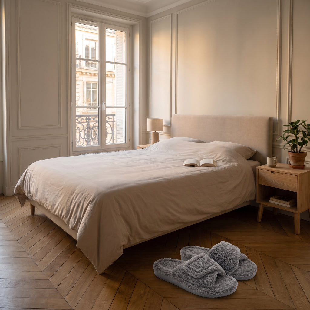 Mules femme gris à bride réglable dans une chambre