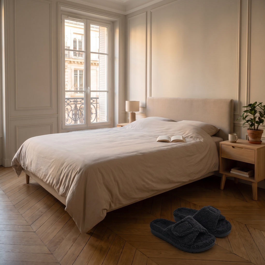 Mules femme noir à bride réglable dans une chambre